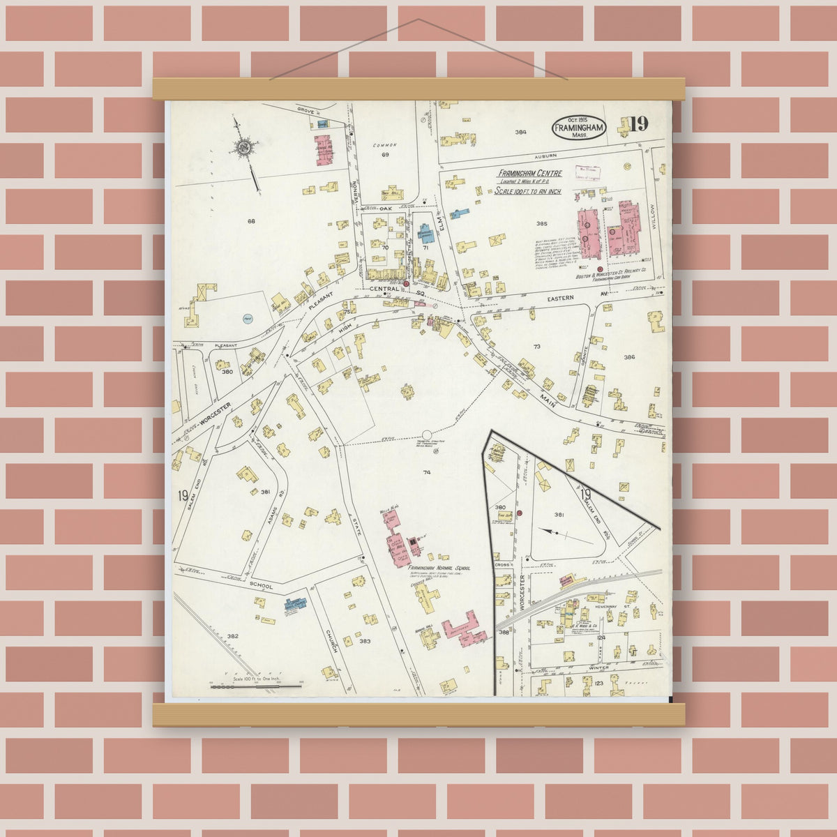 Old map wall art mockup — magnetic wood frame on brick wall — Sanborn Fire Insurance Map from Framingham, Middlesex County, Massachusetts (1915), Sheet #0019