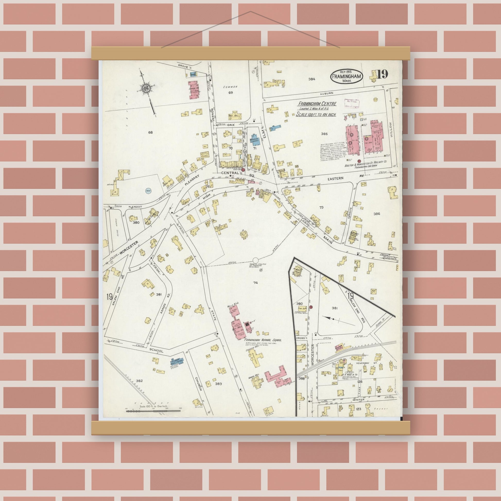Old map wall art mockup — magnetic wood frame on brick wall — Sanborn Fire Insurance Map from Framingham, Middlesex County, Massachusetts (1915), Sheet #0019