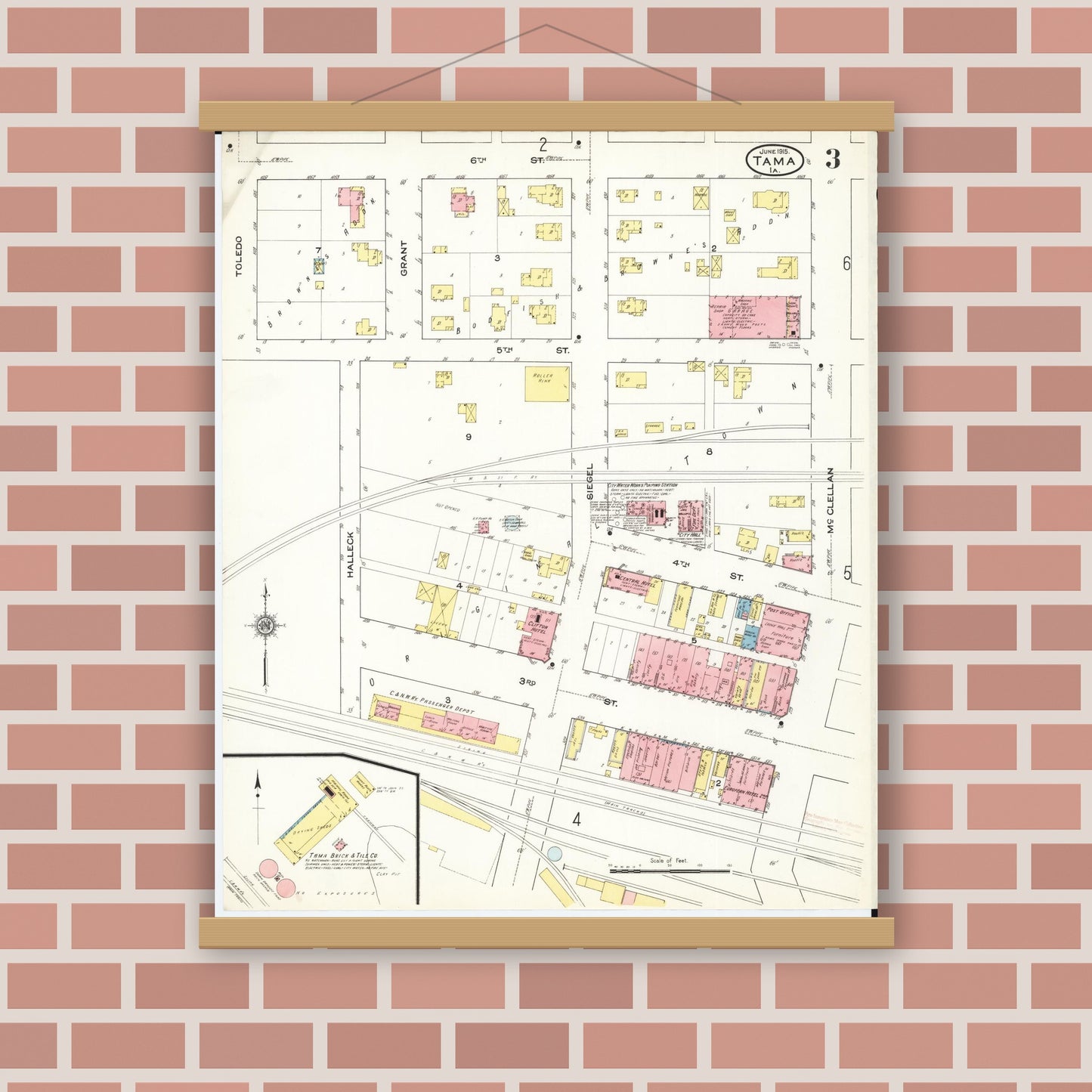 Old map wall art mockup — magnetic wood frame on brick wall — Sanborn Fire Insurance Map from Tama, Tama County, Iowa (1915), Sheet #0003