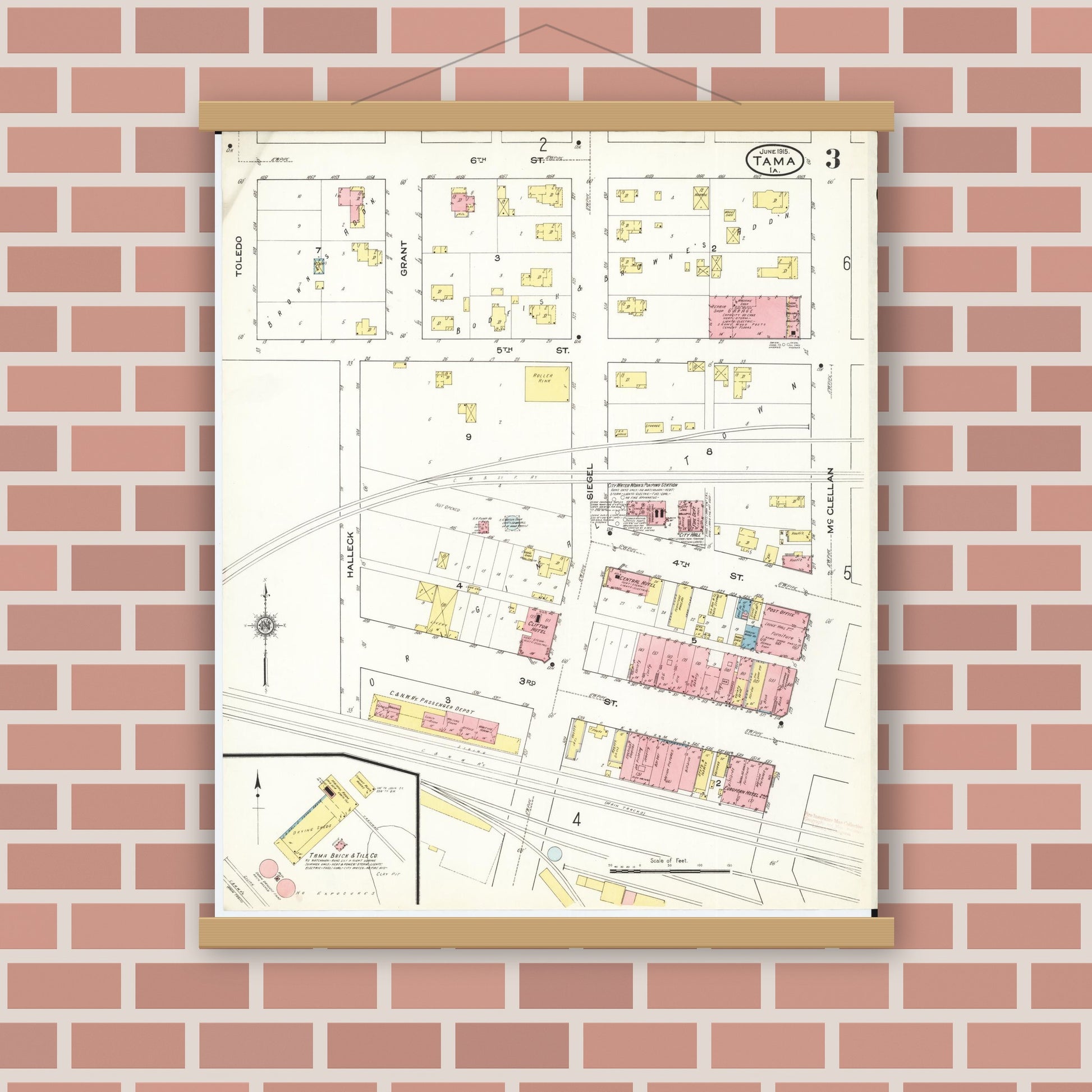 Old map wall art mockup — magnetic wood frame on brick wall — Sanborn Fire Insurance Map from Tama, Tama County, Iowa (1915), Sheet #0003