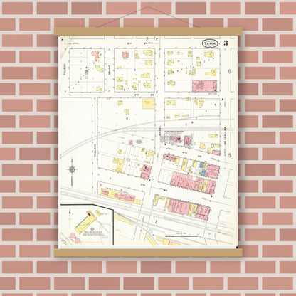 Old map wall art mockup — magnetic wood frame on brick wall — Sanborn Fire Insurance Map from Tama, Tama County, Iowa (1915), Sheet #0003