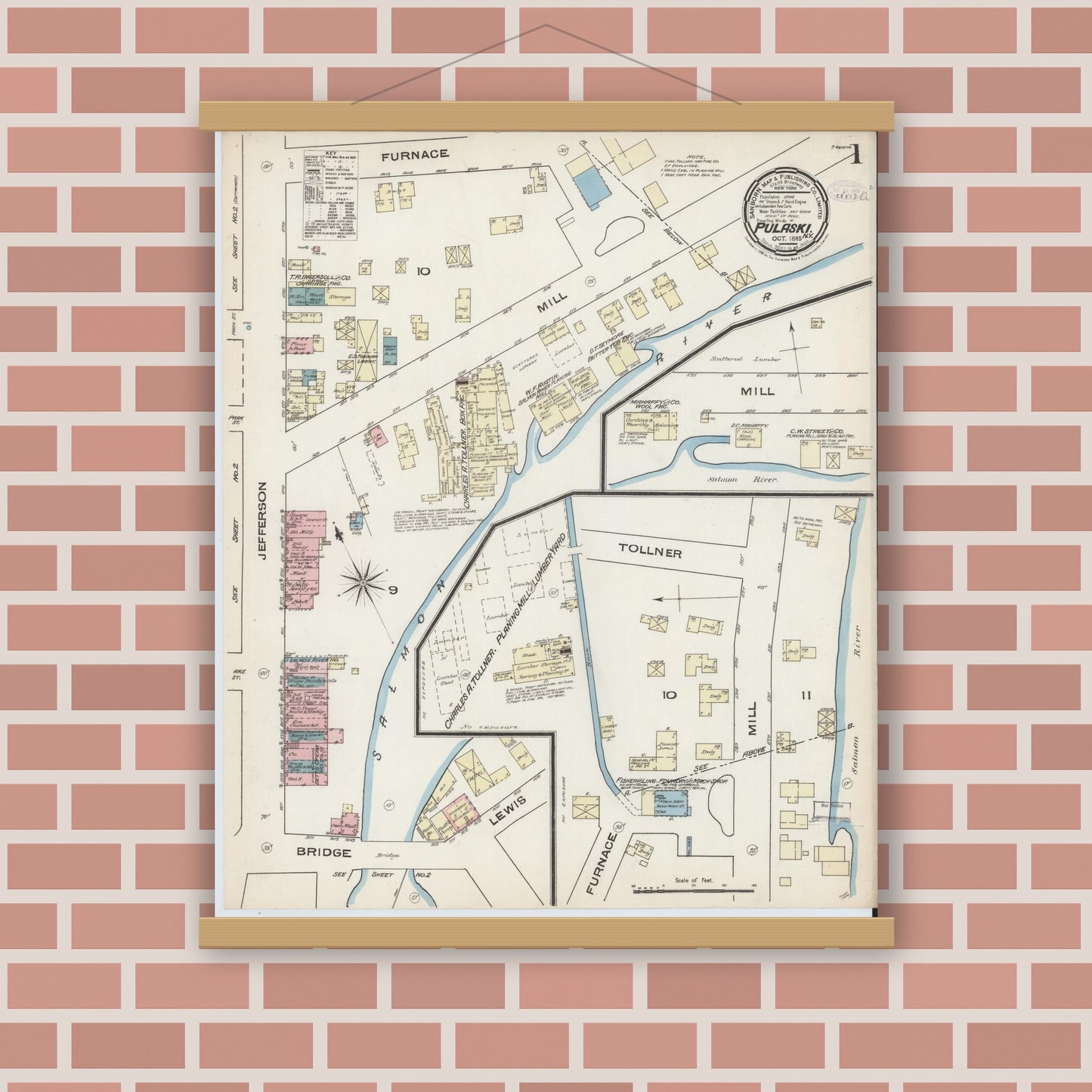 Old map wall art mockup — magnetic wood frame on brick wall — Sanborn Fire Insurance Map from Pulaski, Oswego County, New York (1885) - Complete Map Set