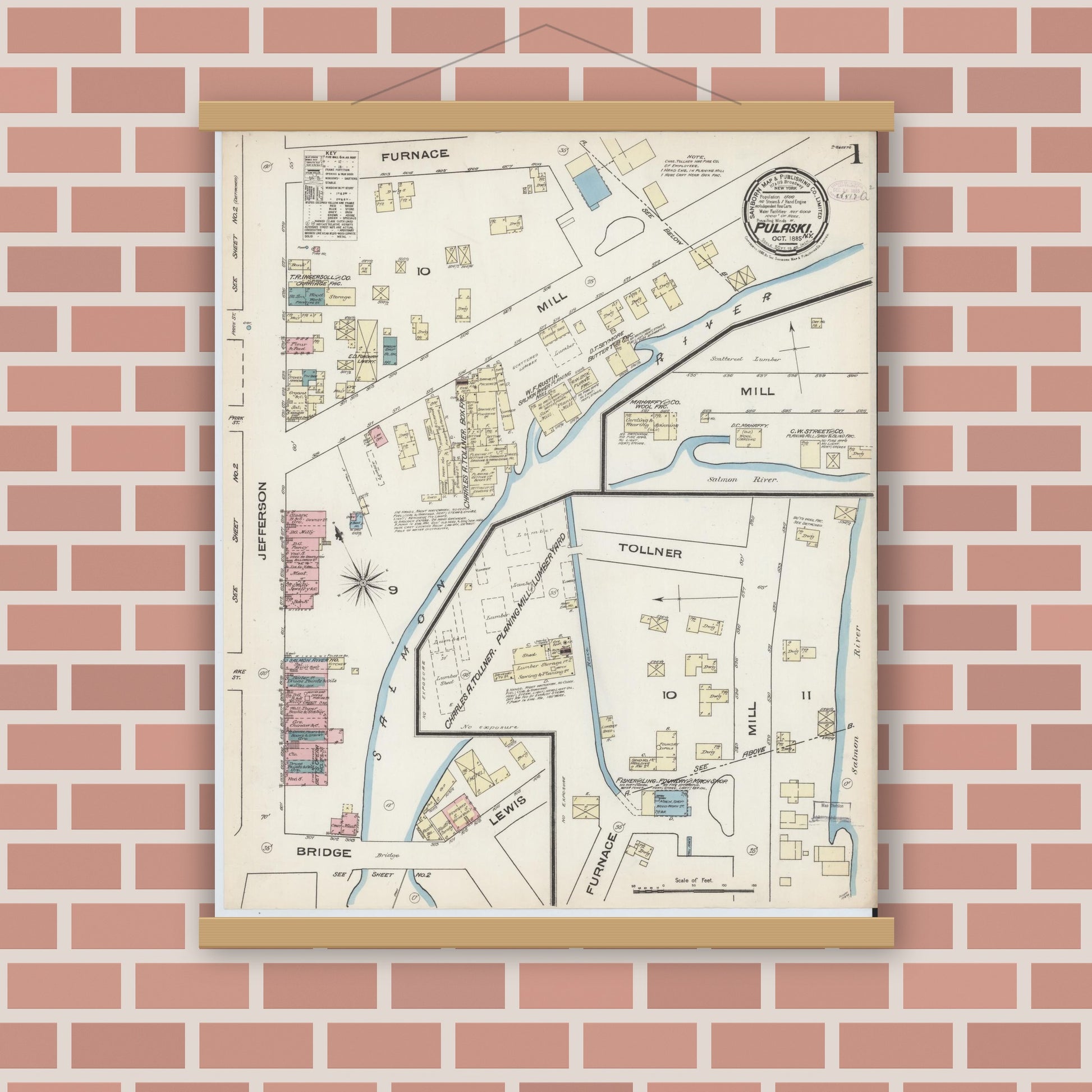 Old map wall art mockup — magnetic wood frame on brick wall — Sanborn Fire Insurance Map from Pulaski, Oswego County, New York (1885) - Complete Map Set
