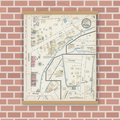 Old map wall art mockup — magnetic wood frame on brick wall — Sanborn Fire Insurance Map from Pulaski, Oswego County, New York (1885) - Complete Map Set