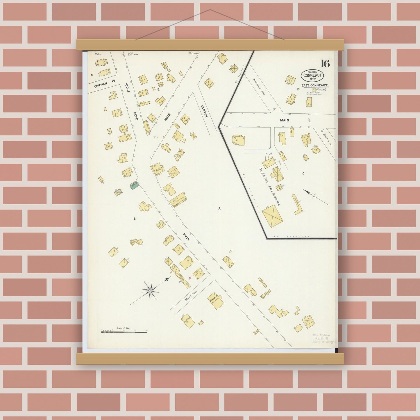Old map wall art mockup — magnetic wood frame on brick wall — Sanborn Fire Insurance Map from Conneaut, Ashtabula County, Ohio (1902), Sheet #0016
