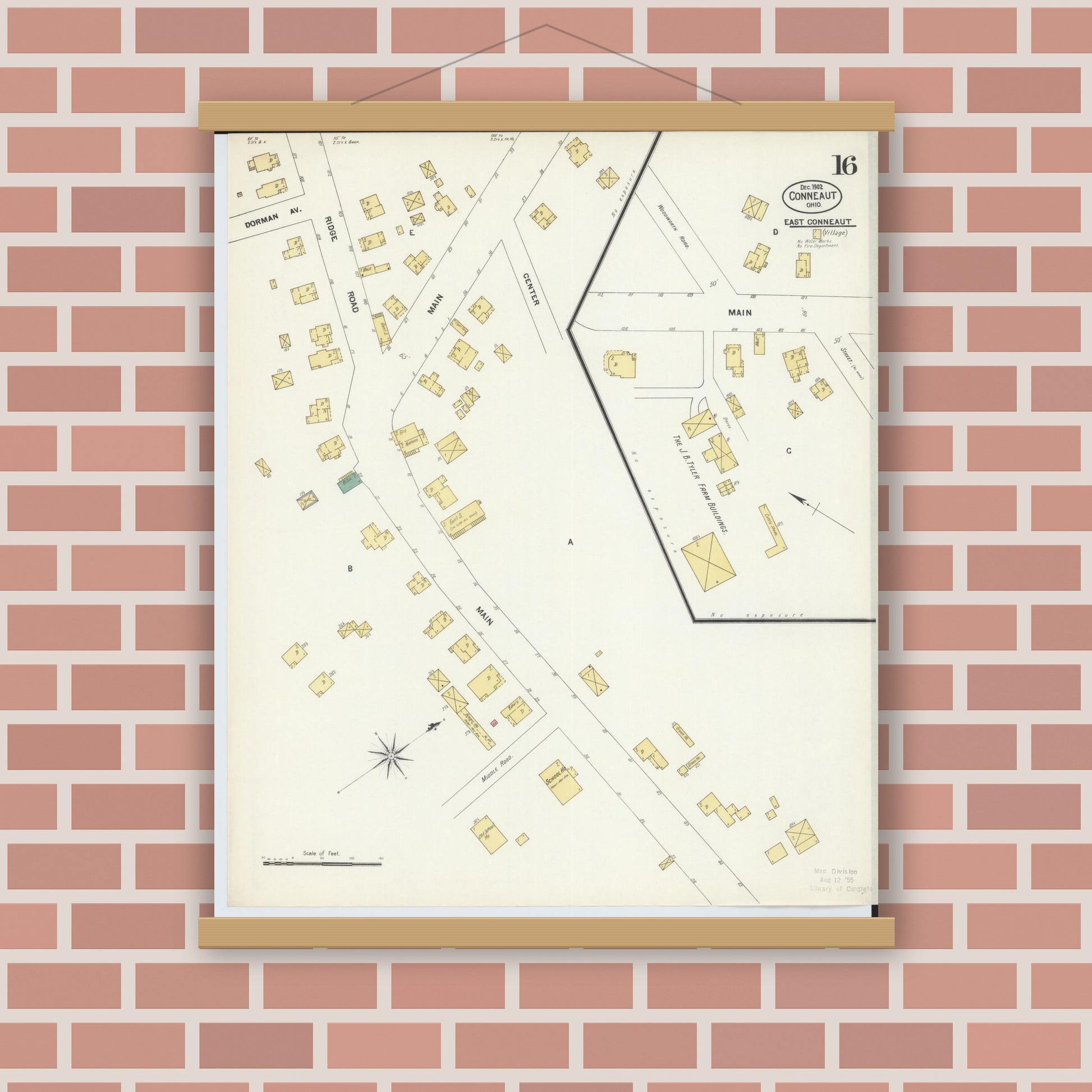 Old map wall art mockup — magnetic wood frame on brick wall — Sanborn Fire Insurance Map from Conneaut, Ashtabula County, Ohio (1902), Sheet #0016