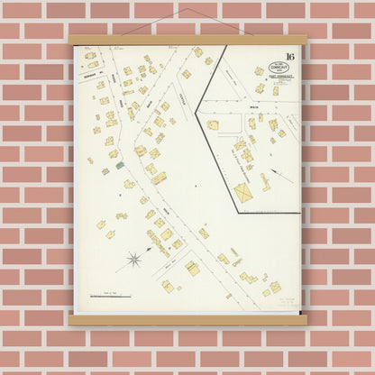 Old map wall art mockup — magnetic wood frame on brick wall — Sanborn Fire Insurance Map from Conneaut, Ashtabula County, Ohio (1902), Sheet #0016
