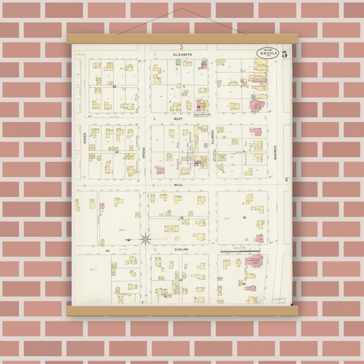 Old map wall art mockup — magnetic wood frame on brick wall — Sanborn Fire Insurance Map from Angola, Steuben County, Indiana (1897), Sheet #0005