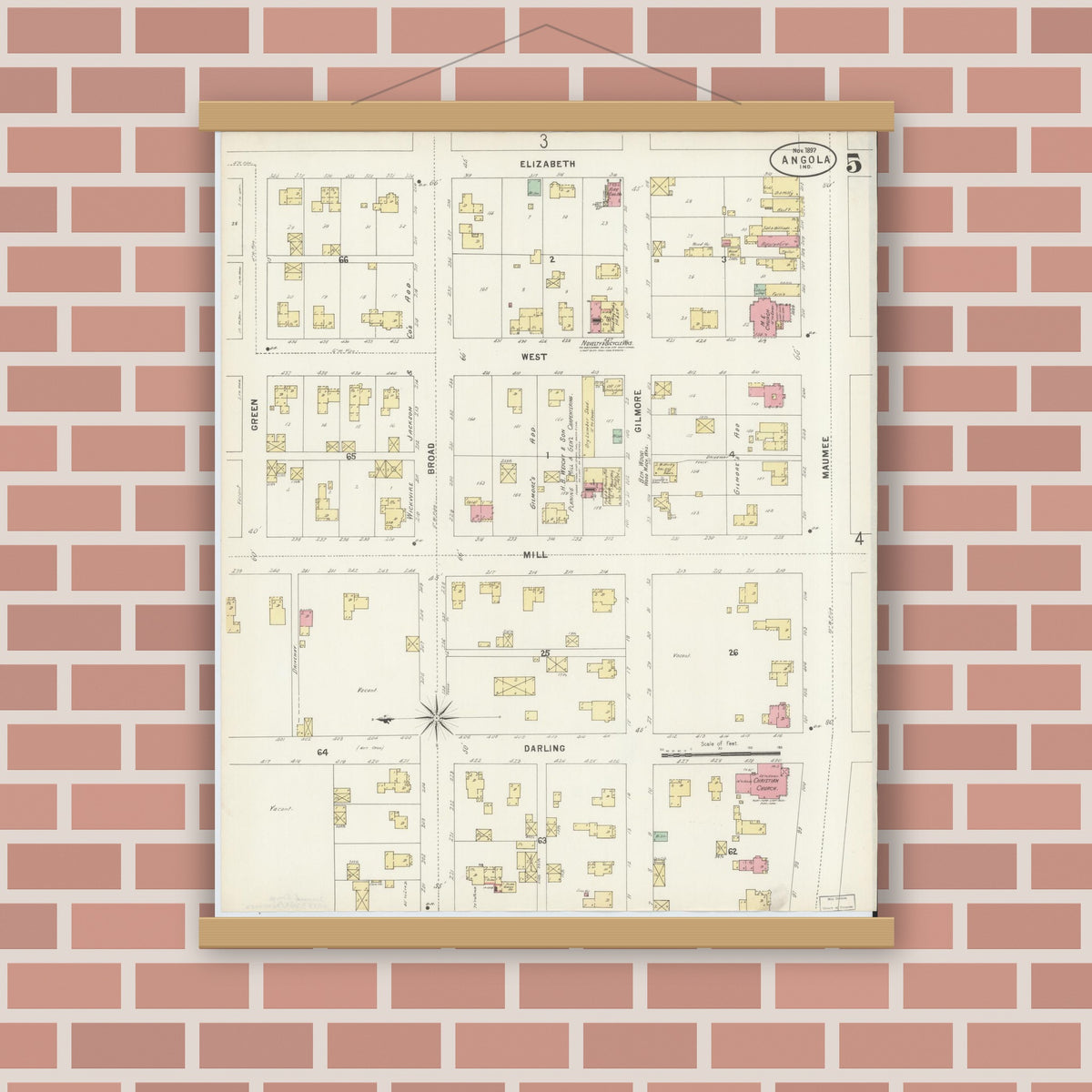 Old map wall art mockup — magnetic wood frame on brick wall — Sanborn Fire Insurance Map from Angola, Steuben County, Indiana (1897), Sheet #0005