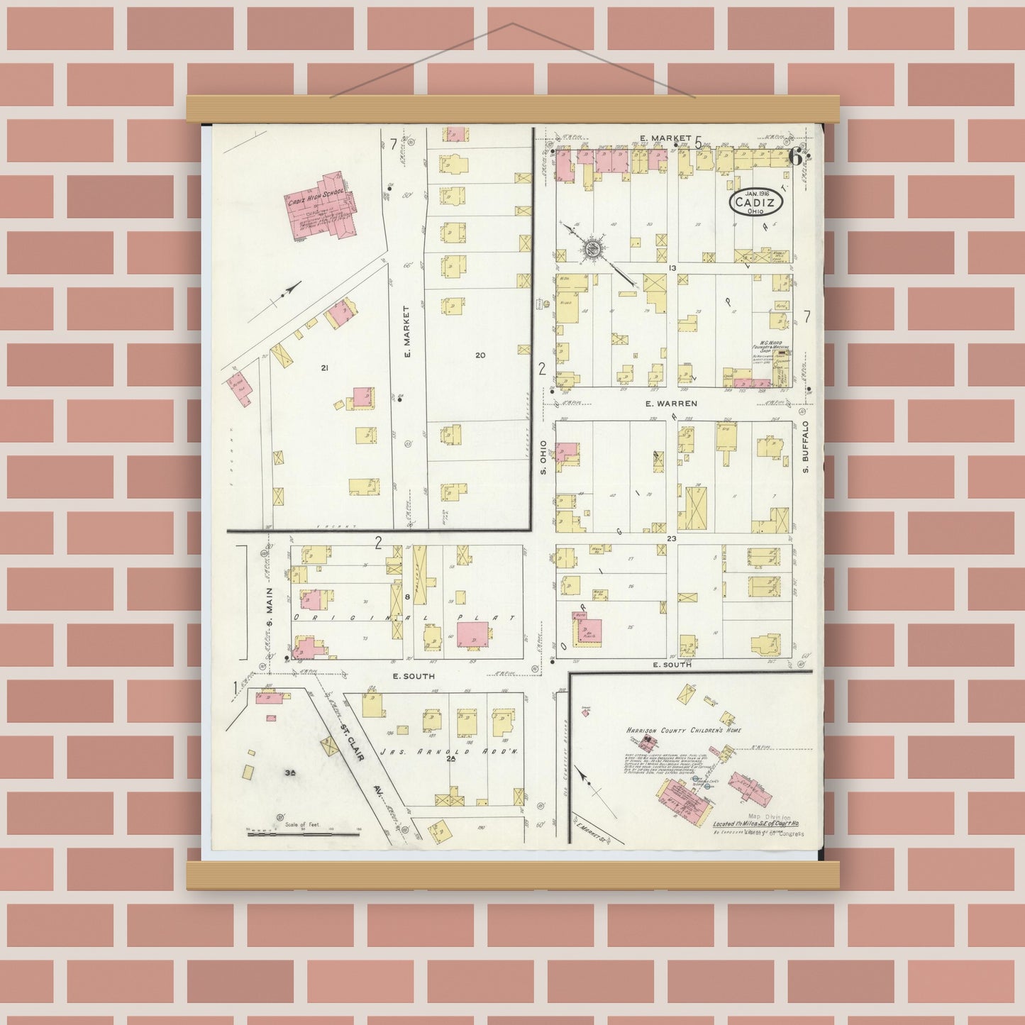 Old map wall art mockup — magnetic wood frame on brick wall — Sanborn Fire Insurance Map from Cadiz, Harrison County, Ohio (1916), Sheet #0006