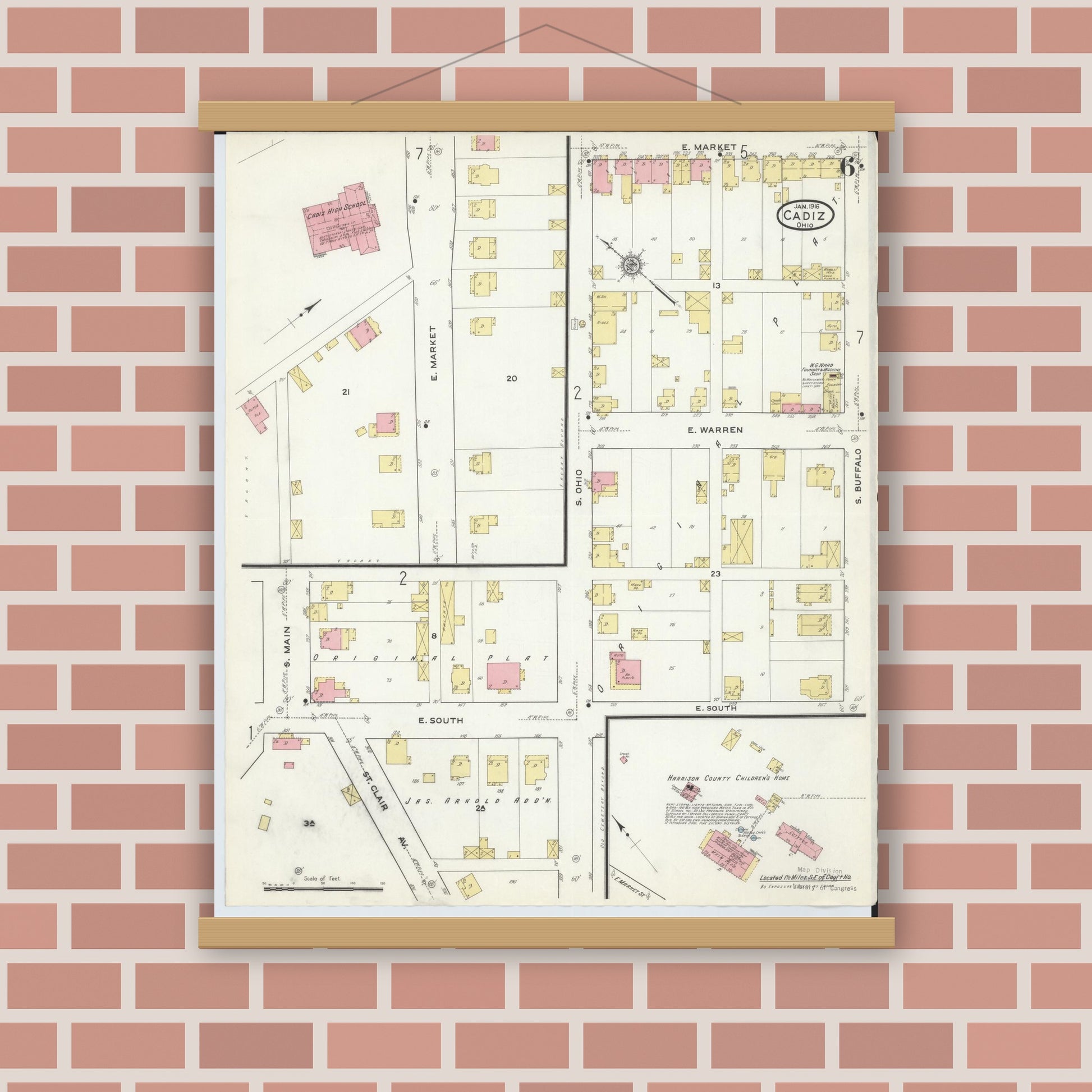 Old map wall art mockup — magnetic wood frame on brick wall — Sanborn Fire Insurance Map from Cadiz, Harrison County, Ohio (1916), Sheet #0006