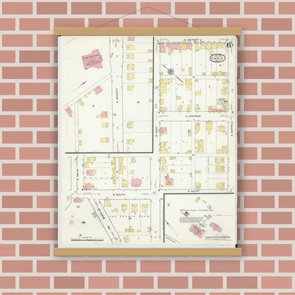 Old map wall art mockup — magnetic wood frame on brick wall — Sanborn Fire Insurance Map from Cadiz, Harrison County, Ohio (1916), Sheet #0006