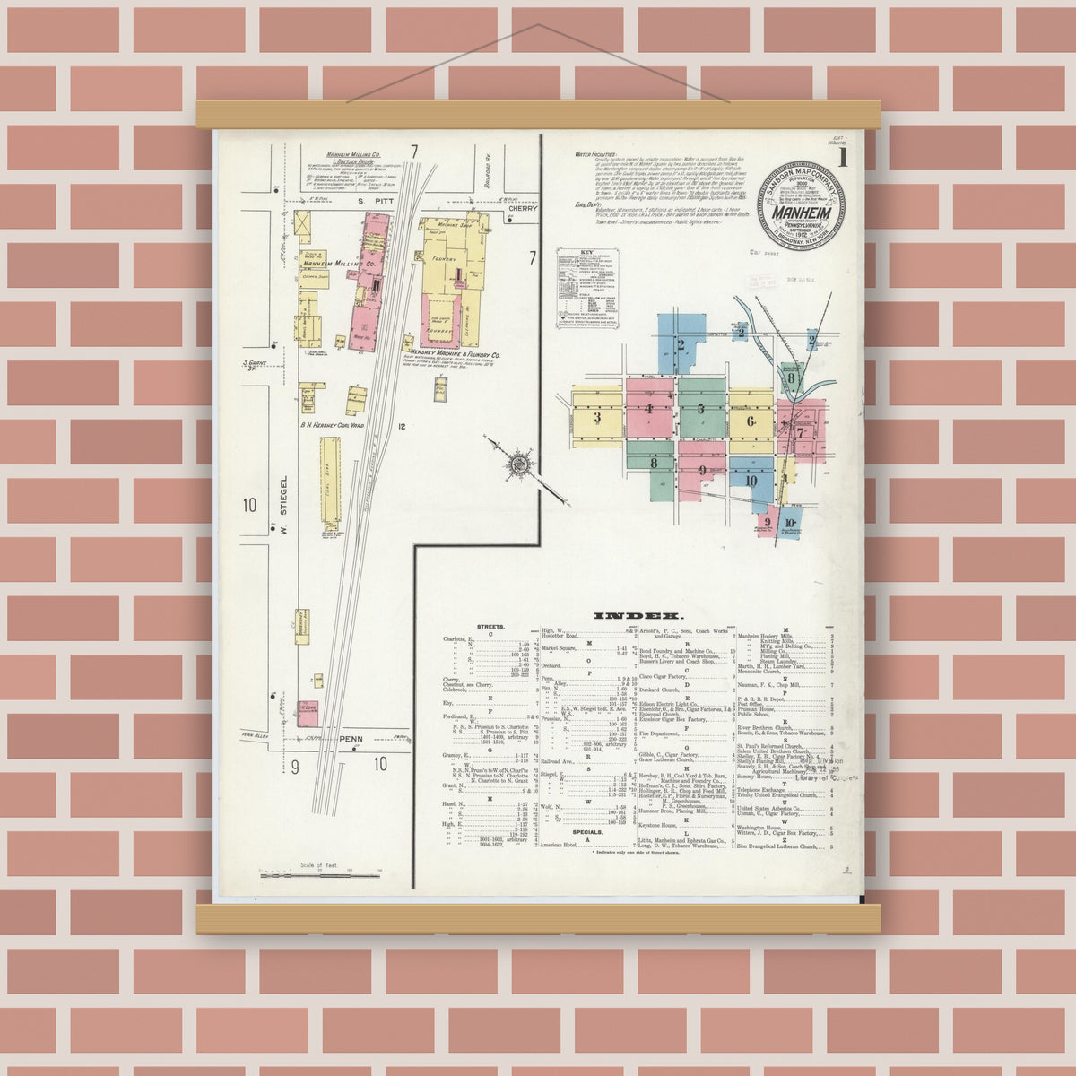 Old map wall art mockup — magnetic wood frame on brick wall — Sanborn Fire Insurance Map from Manheim, Lancaster County, Pennsylvania (1912) - Complete Map Set