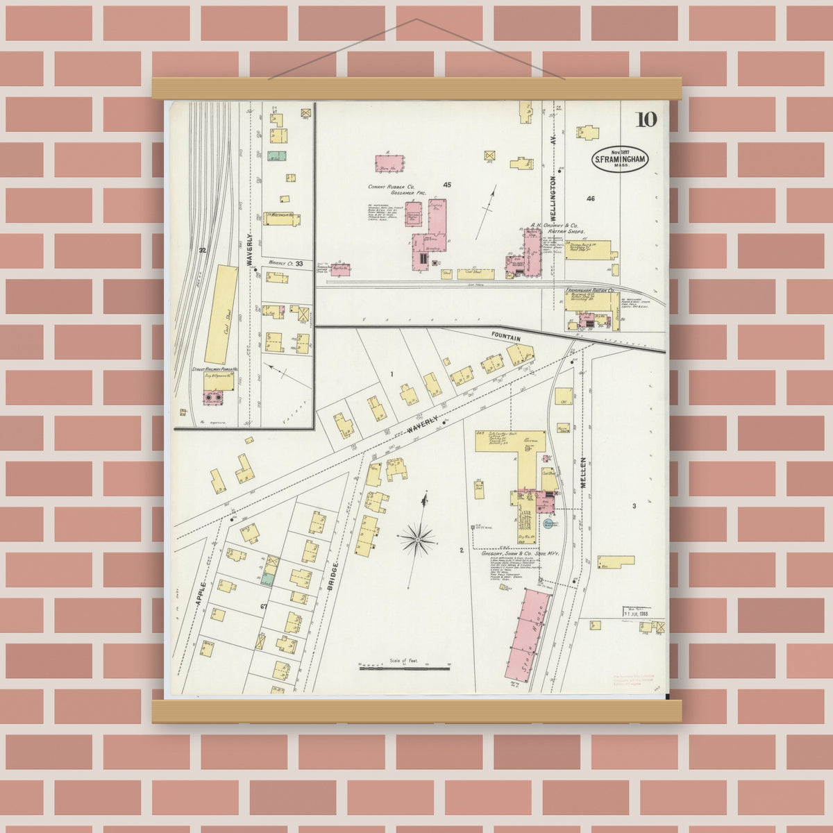 Old map wall art mockup — magnetic wood frame on brick wall — Sanborn Fire Insurance Map from South Farmington, Middlesex County, Massachusetts (1897), Sheet #0010