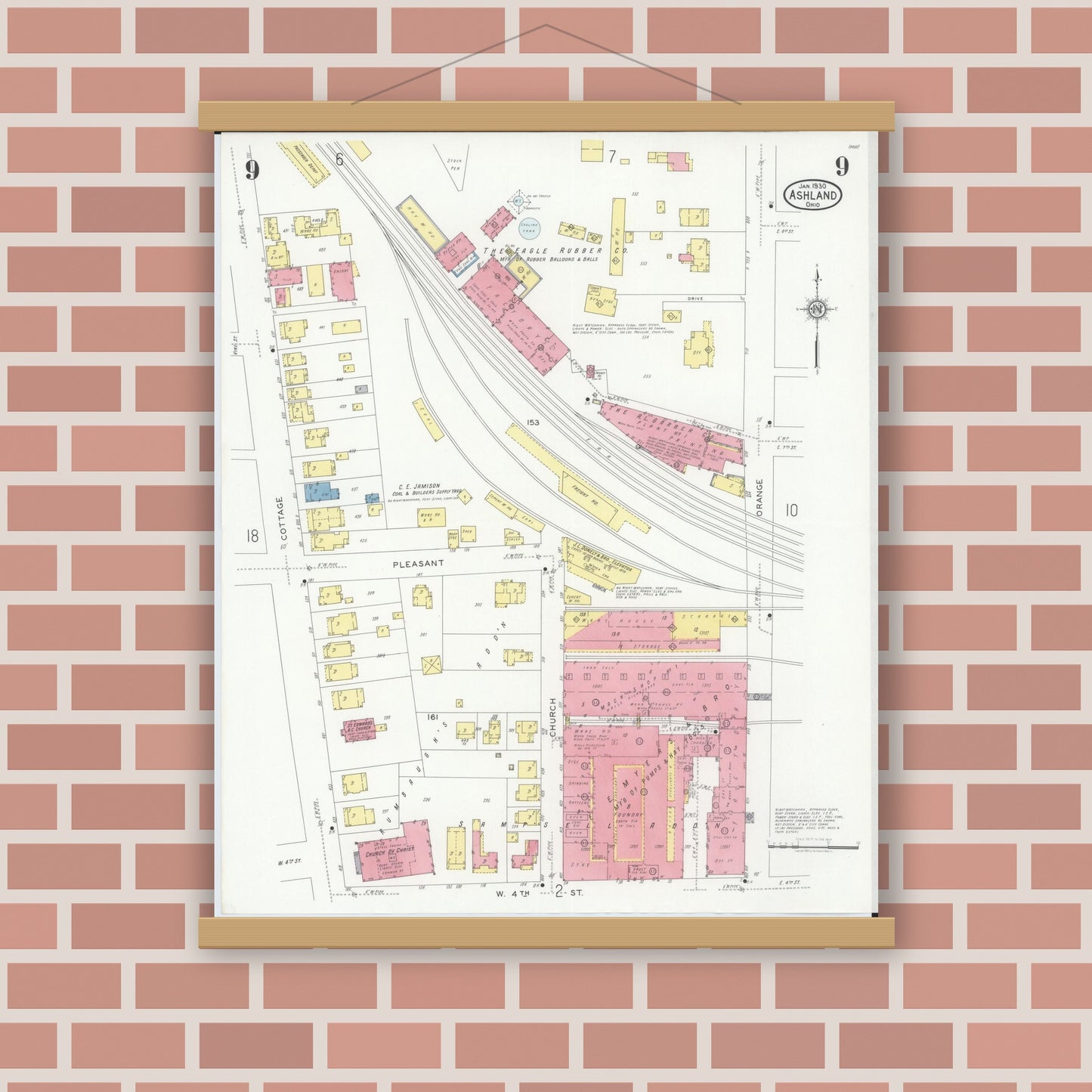 Old map wall art mockup — magnetic wood frame on brick wall — Sanborn Fire Insurance Map from Ashland, Ashland County, Ohio (1930), Sheet #0009