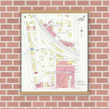 Old map wall art mockup — magnetic wood frame on brick wall — Sanborn Fire Insurance Map from Ashland, Ashland County, Ohio (1930), Sheet #0009