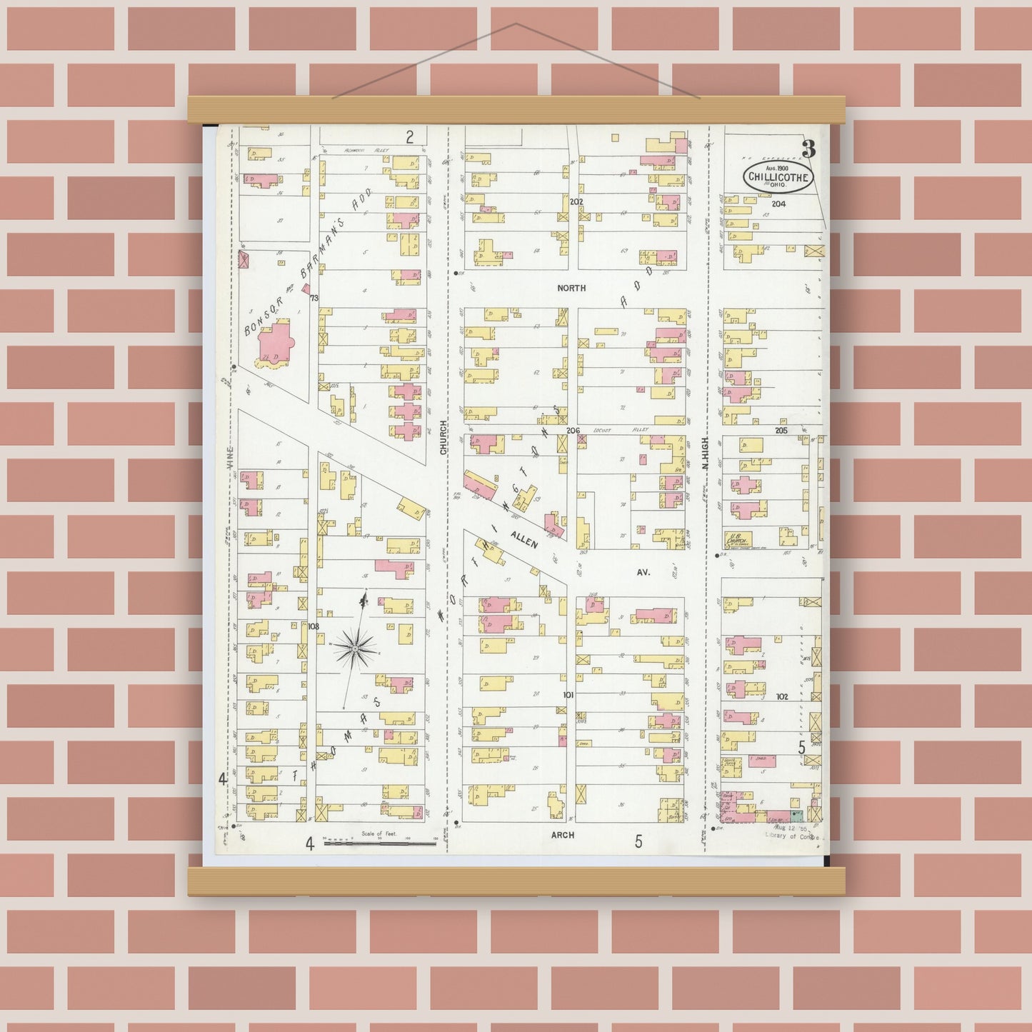 Old map wall art mockup — magnetic wood frame on brick wall — Sanborn Fire Insurance Map from Chillicothe, Ross County, Ohio (1900), Sheet #0003