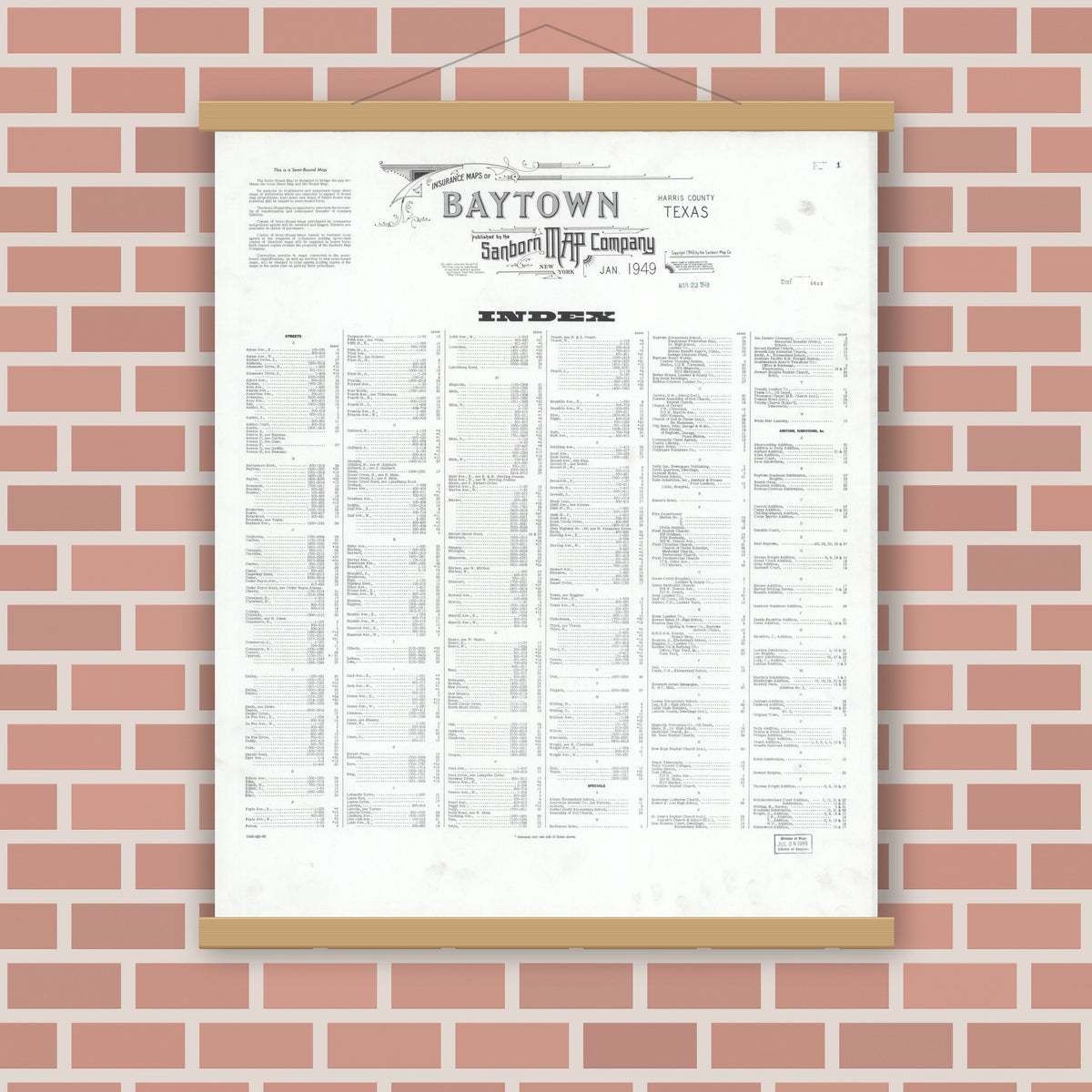 Old map wall art mockup — magnetic wood frame on brick wall — Sanborn Fire Insurance Map from Baytown, Harris County, Texas (1949), Sheet #0001