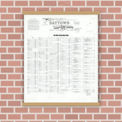 Old map wall art mockup — magnetic wood frame on brick wall — Sanborn Fire Insurance Map from Baytown, Harris County, Texas (1949), Sheet #0001