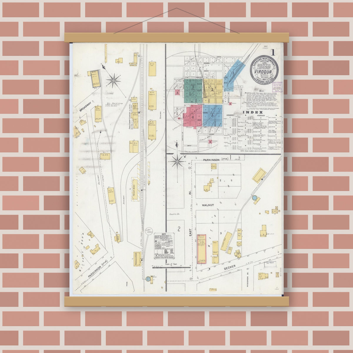 Old map wall art mockup — magnetic wood frame on brick wall — Sanborn Fire Insurance Map from Viroqua, Vernon County, Wisconsin (1905), Sheet #0001