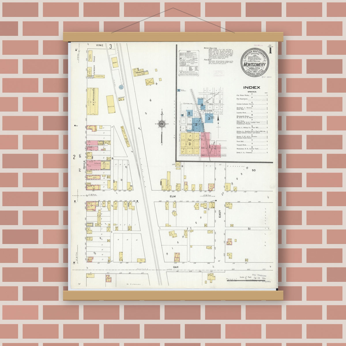 Old map wall art mockup — magnetic wood frame on brick wall — Sanborn Fire Insurance Map from Montgomery, Le Sueur  County, Minnesota (1910), Sheet #0001