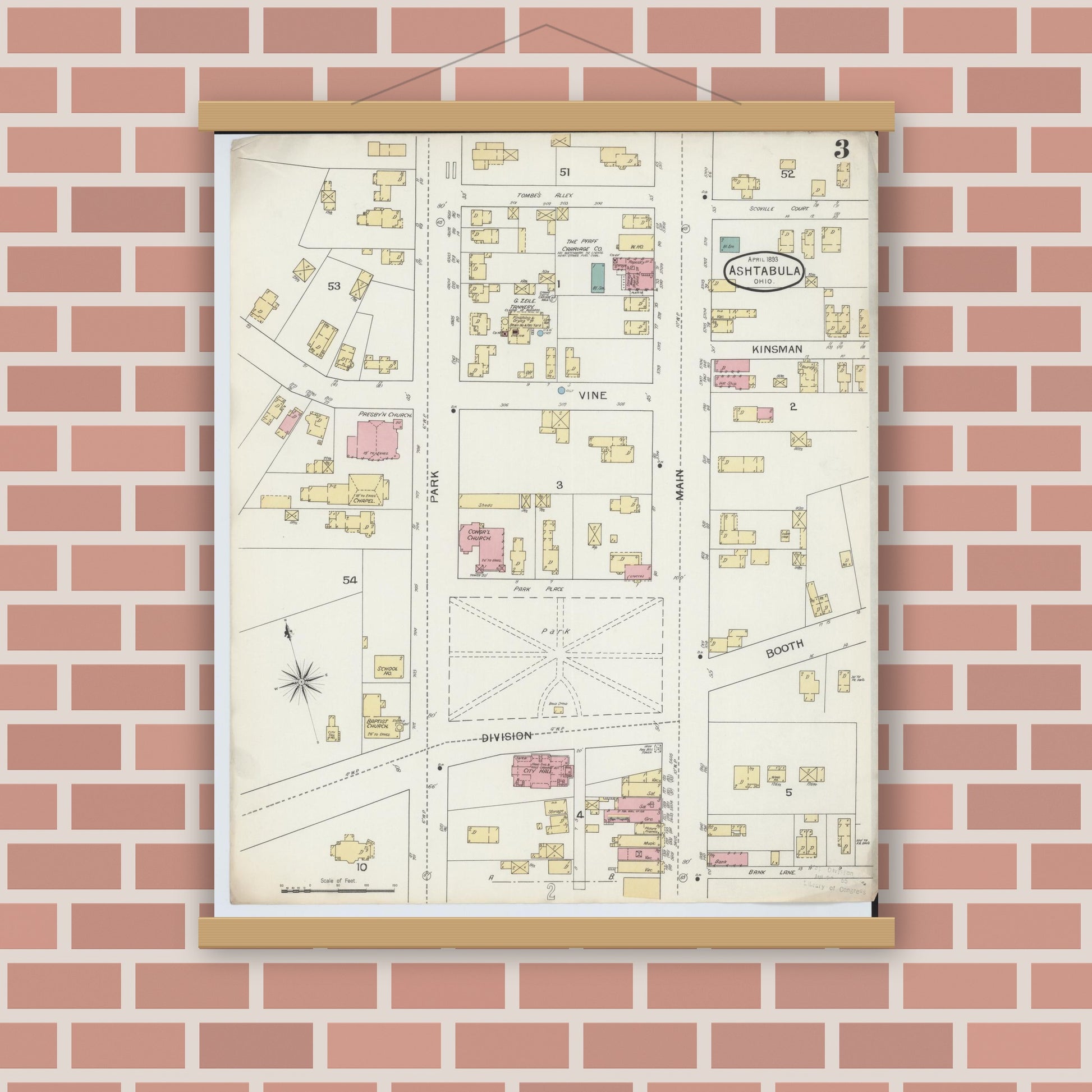 Old map wall art mockup — magnetic wood frame on brick wall — Sanborn Fire Insurance Map from Ashtabula, Ashtabula County, Ohio (1893), Sheet #0003