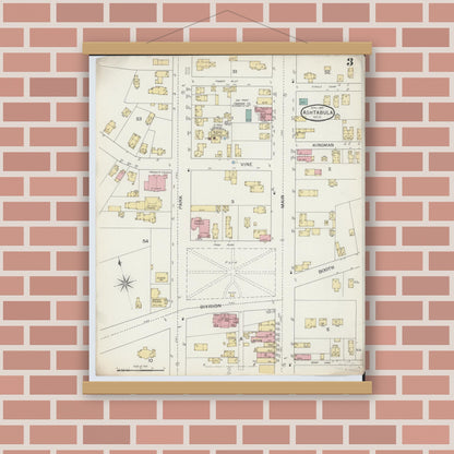 Old map wall art mockup — magnetic wood frame on brick wall — Sanborn Fire Insurance Map from Ashtabula, Ashtabula County, Ohio (1893), Sheet #0003