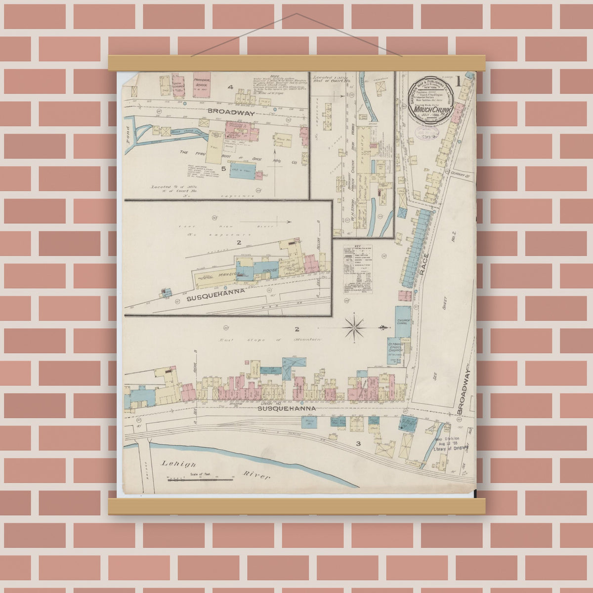 Old map wall art mockup — magnetic wood frame on brick wall — Sanborn Fire Insurance Map from Mauch Chunk, Carbon County, Pennsylvania (1885), Sheet #0001