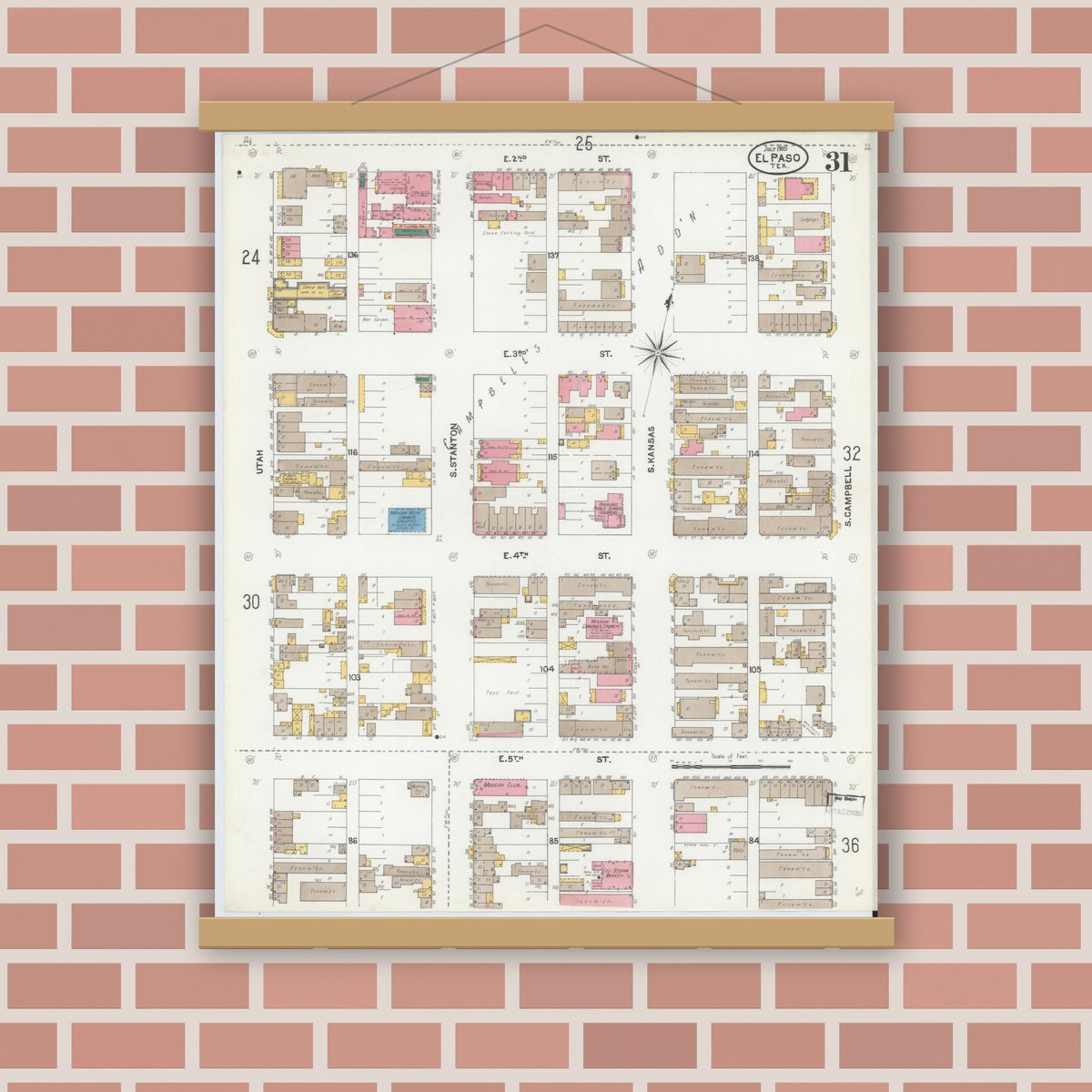 Old map wall art mockup — magnetic wood frame on brick wall — Sanborn Fire Insurance Map from El Paso, El Paso County, Texas (1905), Sheet #0031