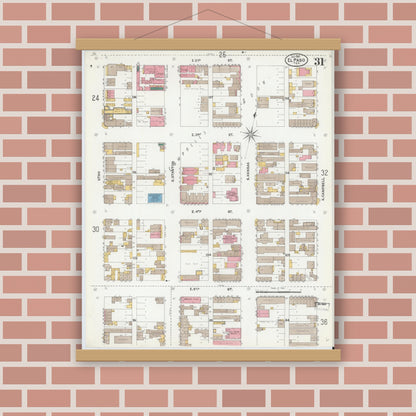 Old map wall art mockup — magnetic wood frame on brick wall — Sanborn Fire Insurance Map from El Paso, El Paso County, Texas (1905), Sheet #0031