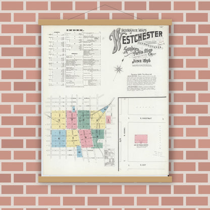 Old map wall art mockup — magnetic wood frame on brick wall — Sanborn Fire Insurance Map from West Chester, Chester County, Pennsylvania (1896), Sheet #0001