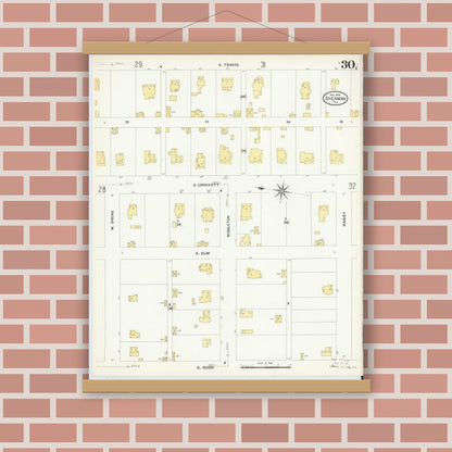 Old map wall art mockup — magnetic wood frame on brick wall — Sanborn Fire Insurance Map from Sherman, Grayson County, Texas (1908), Sheet #0030