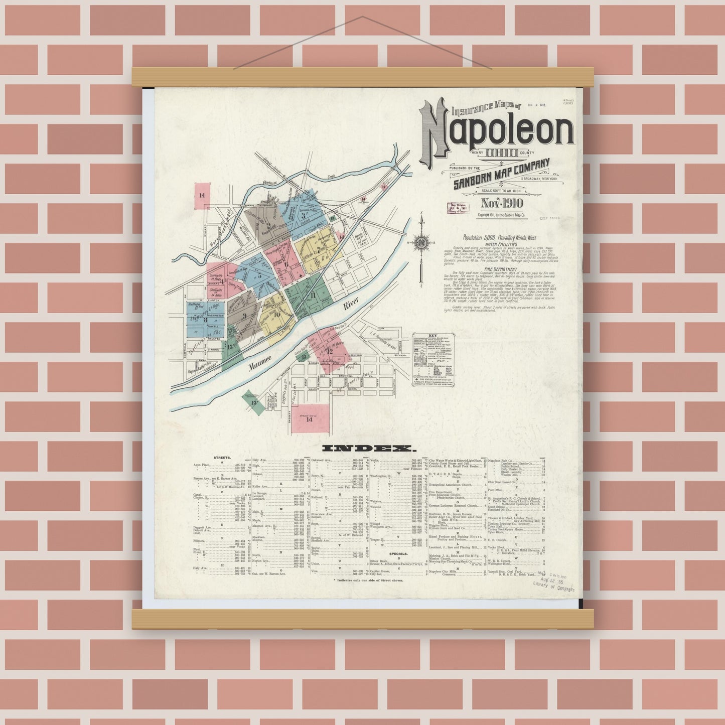 Old map wall art mockup — magnetic wood frame on brick wall — Sanborn Fire Insurance Map from Napoleon, Henry County, Ohio (1910), Sheet #0001