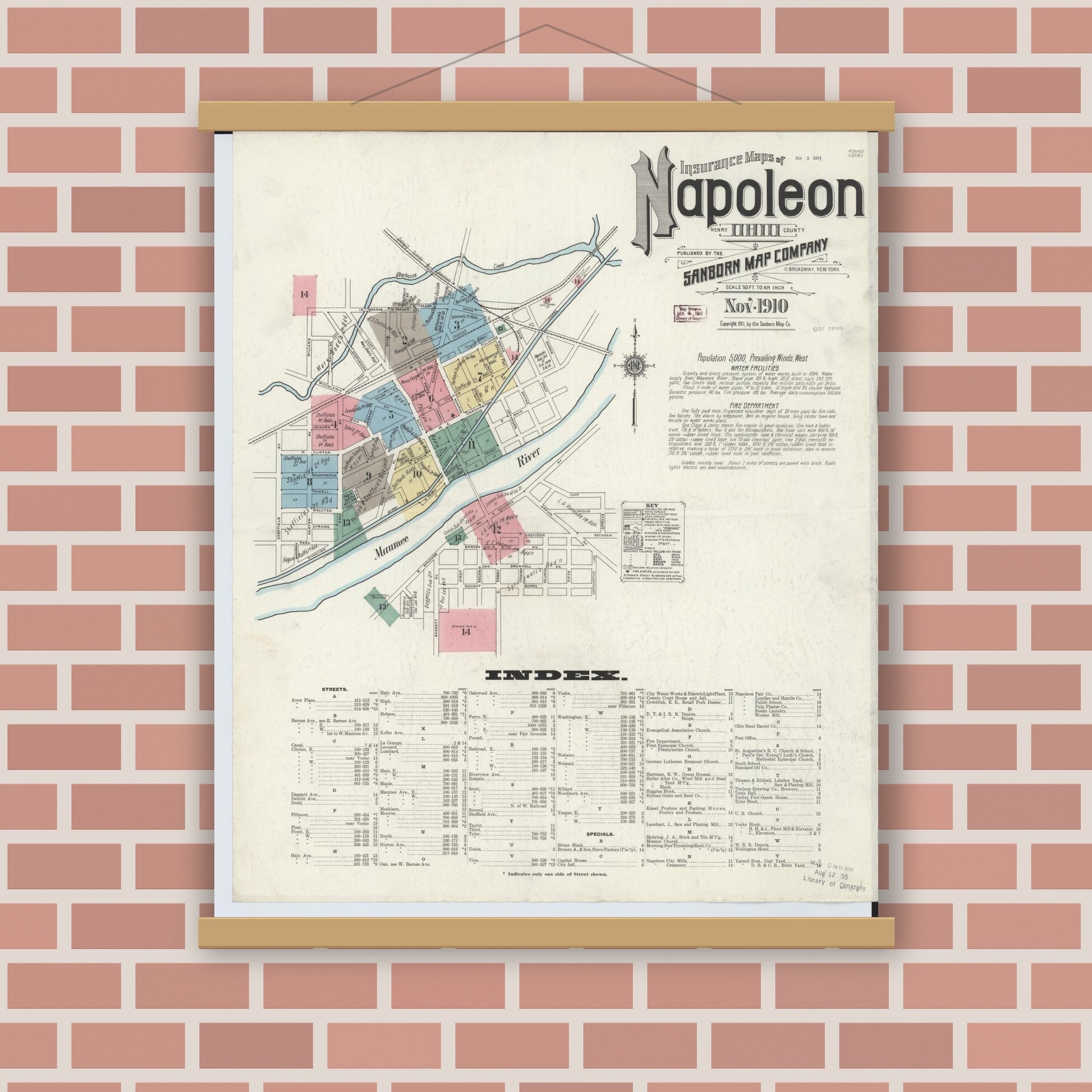 Old map wall art mockup — magnetic wood frame on brick wall — Sanborn Fire Insurance Map from Napoleon, Henry County, Ohio (1910), Sheet #0001