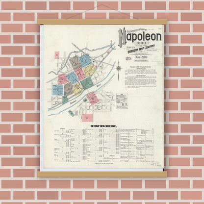 Old map wall art mockup — magnetic wood frame on brick wall — Sanborn Fire Insurance Map from Napoleon, Henry County, Ohio (1910), Sheet #0001