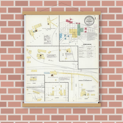 Old map wall art mockup — magnetic wood frame on brick wall — Sanborn Fire Insurance Map from Onaway, Presque Isle County, Michigan (1907), Sheet #0001