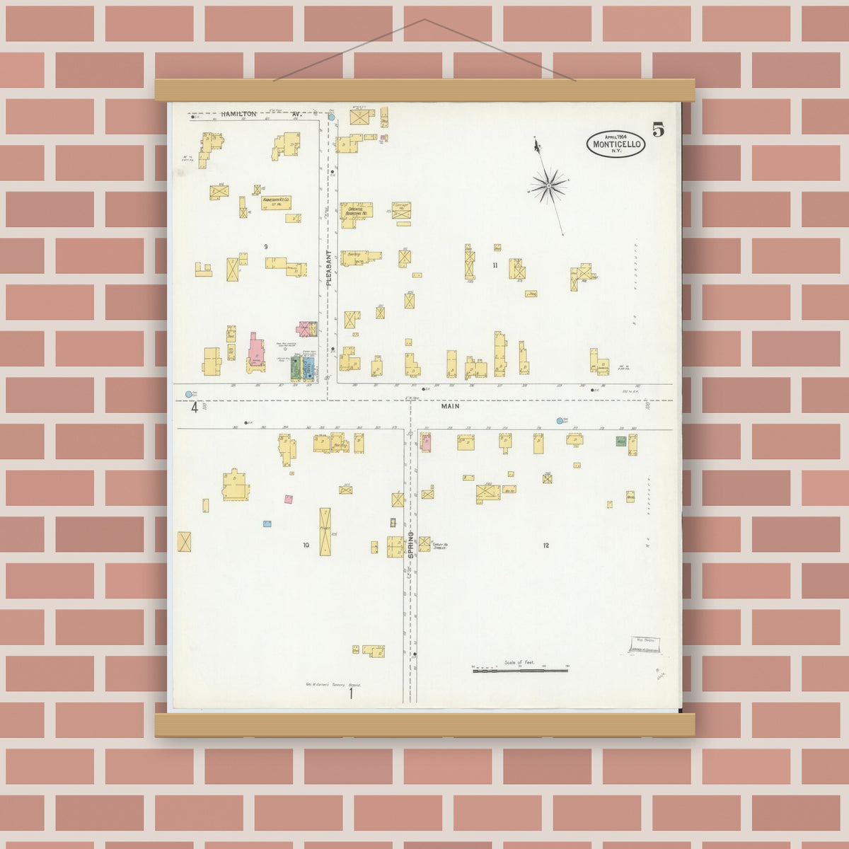 Old map wall art mockup — magnetic wood frame on brick wall — Sanborn Fire Insurance Map from Monticello, Sullivan County, New York (1904), Sheet #0005