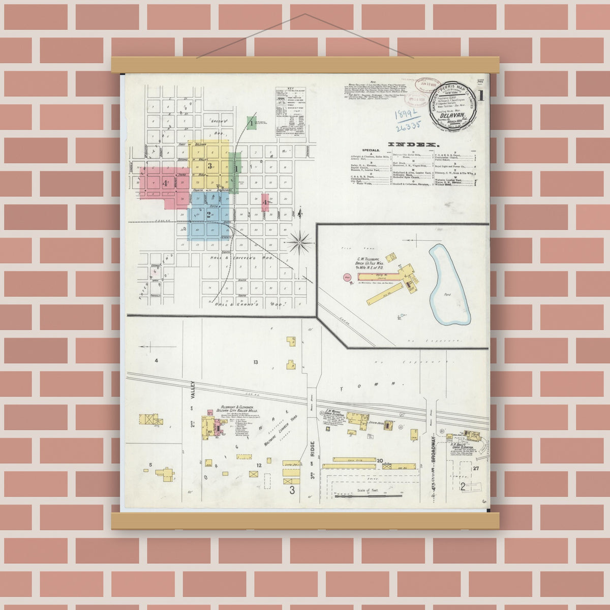 Old map wall art mockup — magnetic wood frame on brick wall — Sanborn Fire Insurance Map from Delavan, Tazewell County, Illinois (1899) - Complete Map Set