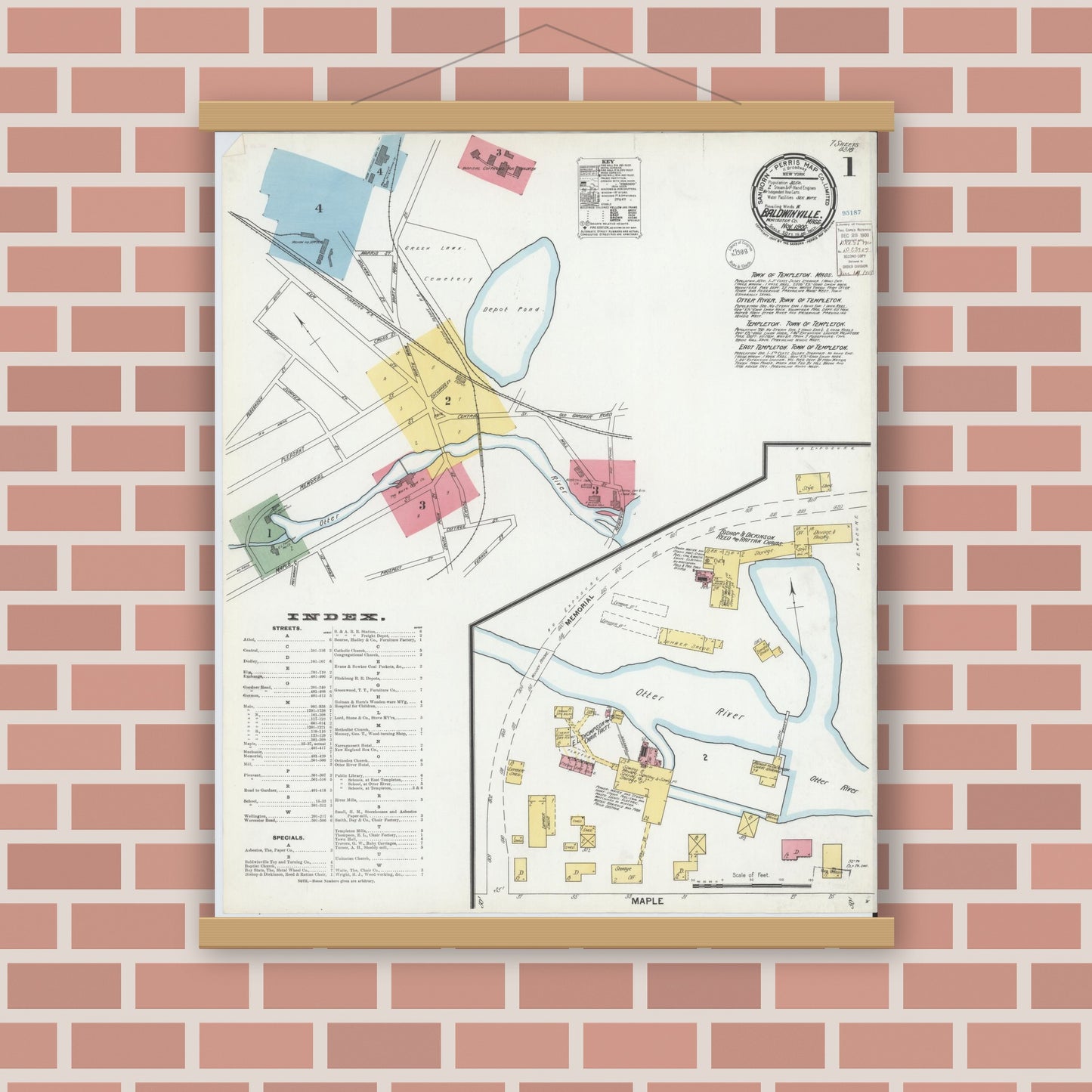 Old map wall art mockup — magnetic wood frame on brick wall — Sanborn Fire Insurance Map from Baldwinville, Worcester County, Massachusetts (1900), Sheet #0001