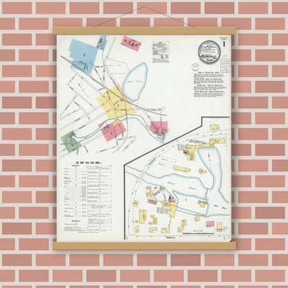 Old map wall art mockup — magnetic wood frame on brick wall — Sanborn Fire Insurance Map from Baldwinville, Worcester County, Massachusetts (1900), Sheet #0001