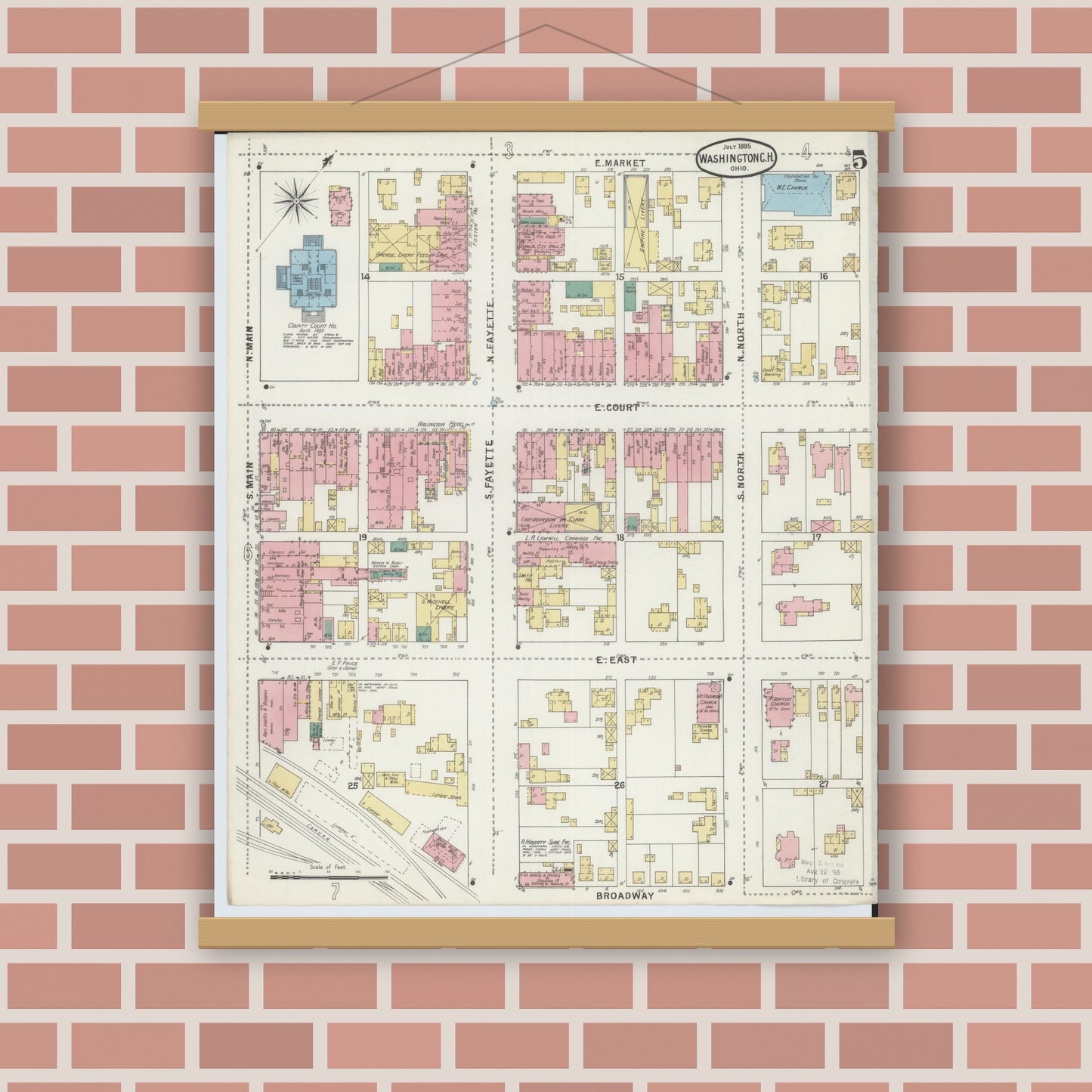Old map wall art mockup — magnetic wood frame on brick wall — Sanborn Fire Insurance Map from Washington Court House, Fayette County, Ohio (1895), Sheet #0005