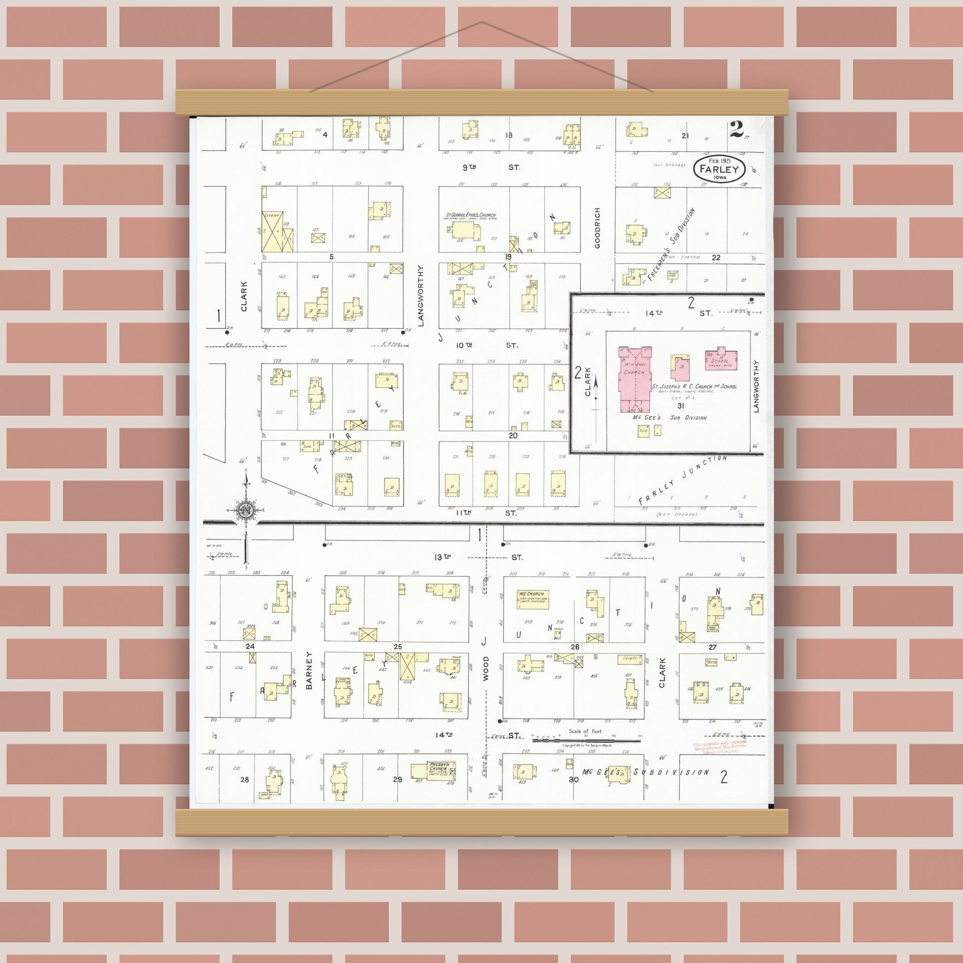 Old map wall art mockup — magnetic wood frame on brick wall — Sanborn Fire Insurance Map from Farley, Dubuque County, Iowa (1921), Sheet #0002