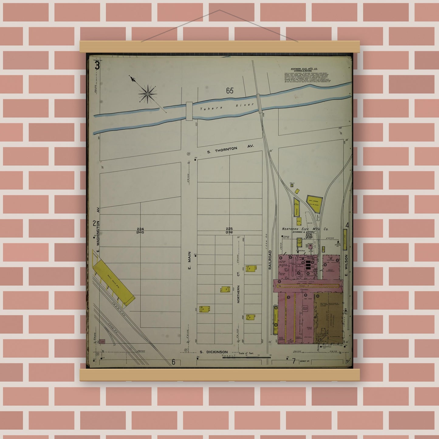 Old map wall art mockup — magnetic wood frame on brick wall — Sanborn Fire Insurance Map from Madison, Dane County, Wisconsin (1908), Sheet #0003