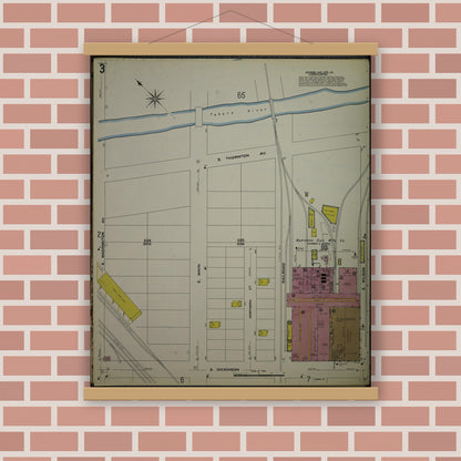 Old map wall art mockup — magnetic wood frame on brick wall — Sanborn Fire Insurance Map from Madison, Dane County, Wisconsin (1908), Sheet #0003