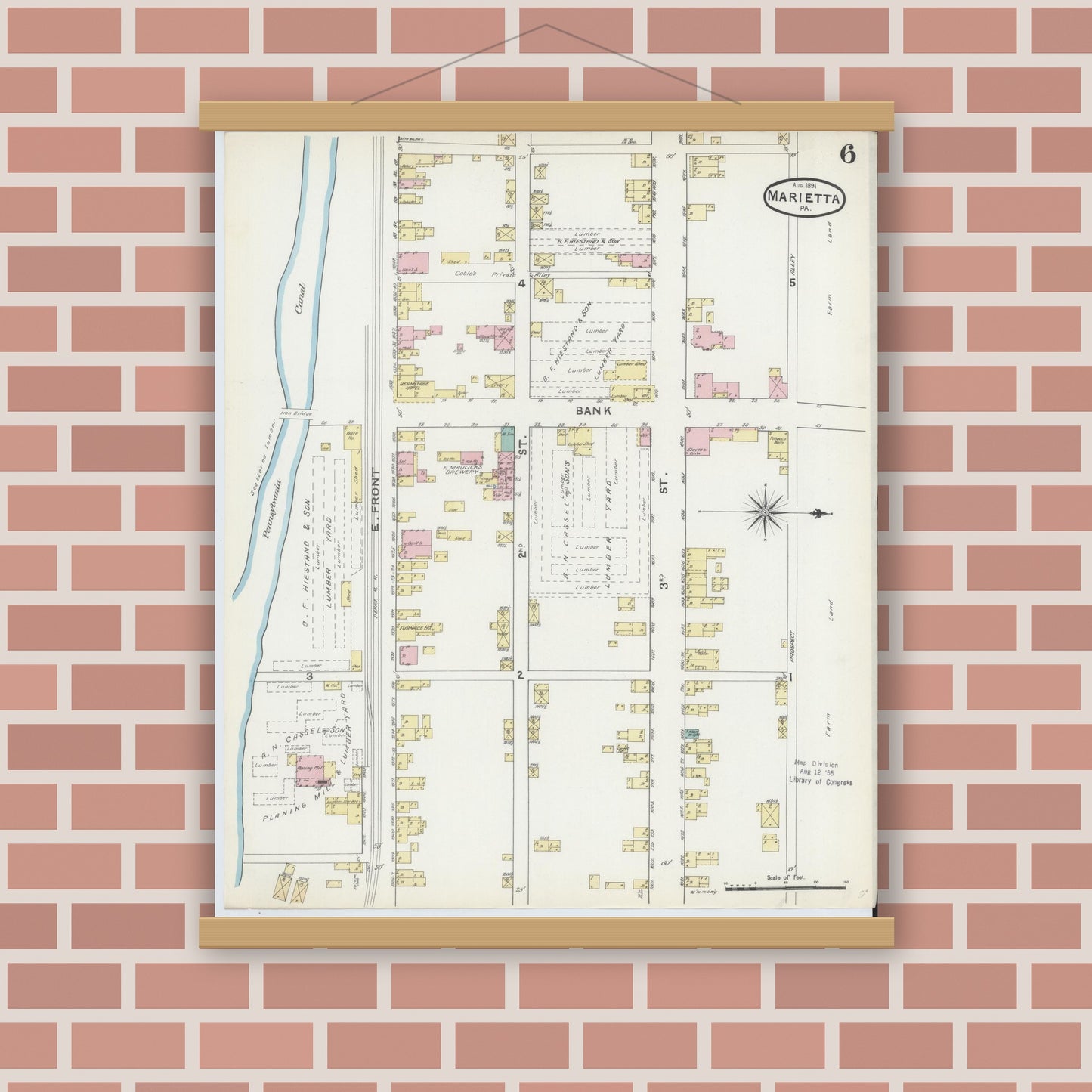 Old map wall art mockup — magnetic wood frame on brick wall — Sanborn Fire Insurance Map from Marietta, Lancaster County, Pennsylvania (1891), Sheet #0006
