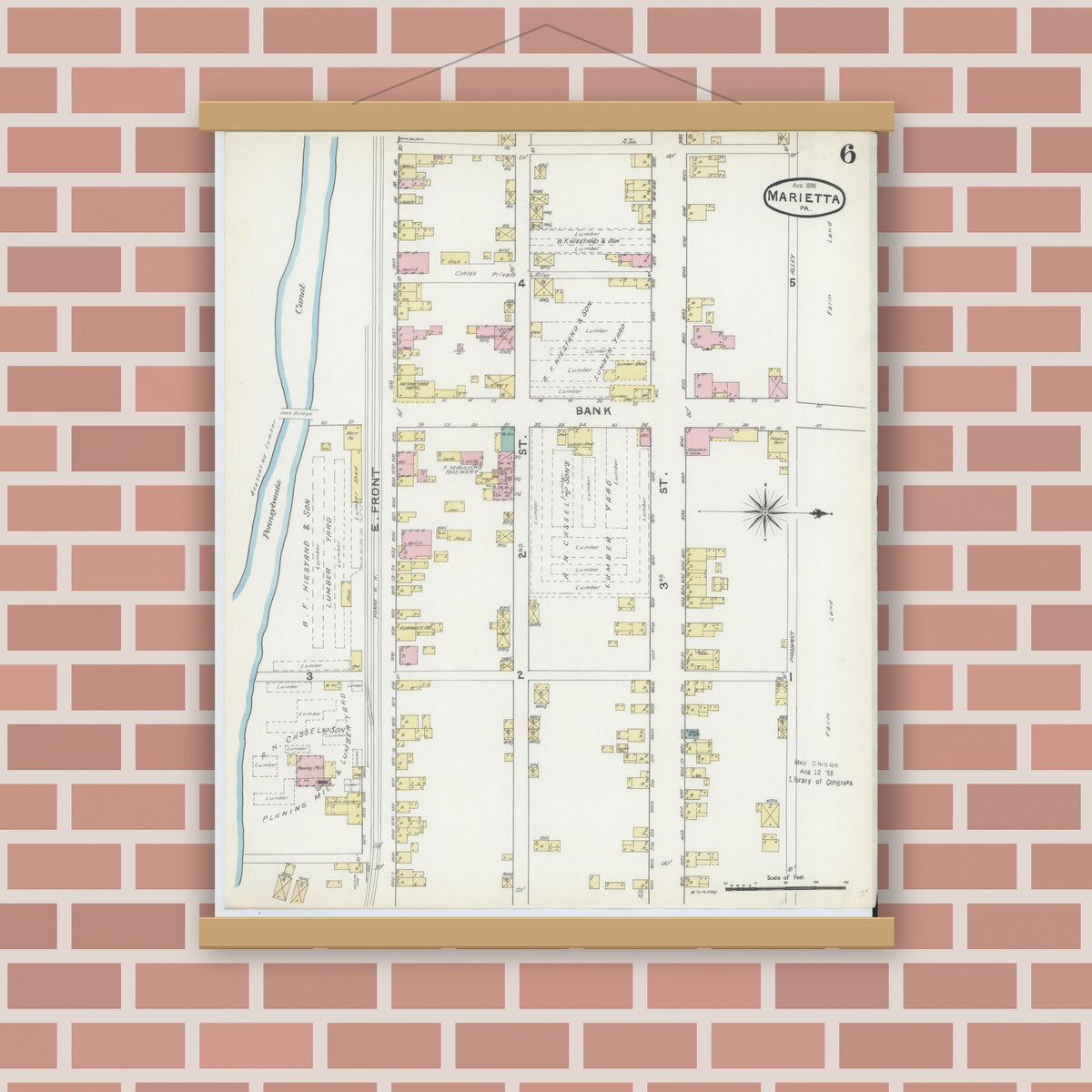 Old map wall art mockup — magnetic wood frame on brick wall — Sanborn Fire Insurance Map from Marietta, Lancaster County, Pennsylvania (1891), Sheet #0006