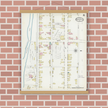 Old map wall art mockup — magnetic wood frame on brick wall — Sanborn Fire Insurance Map from Marietta, Lancaster County, Pennsylvania (1891), Sheet #0006