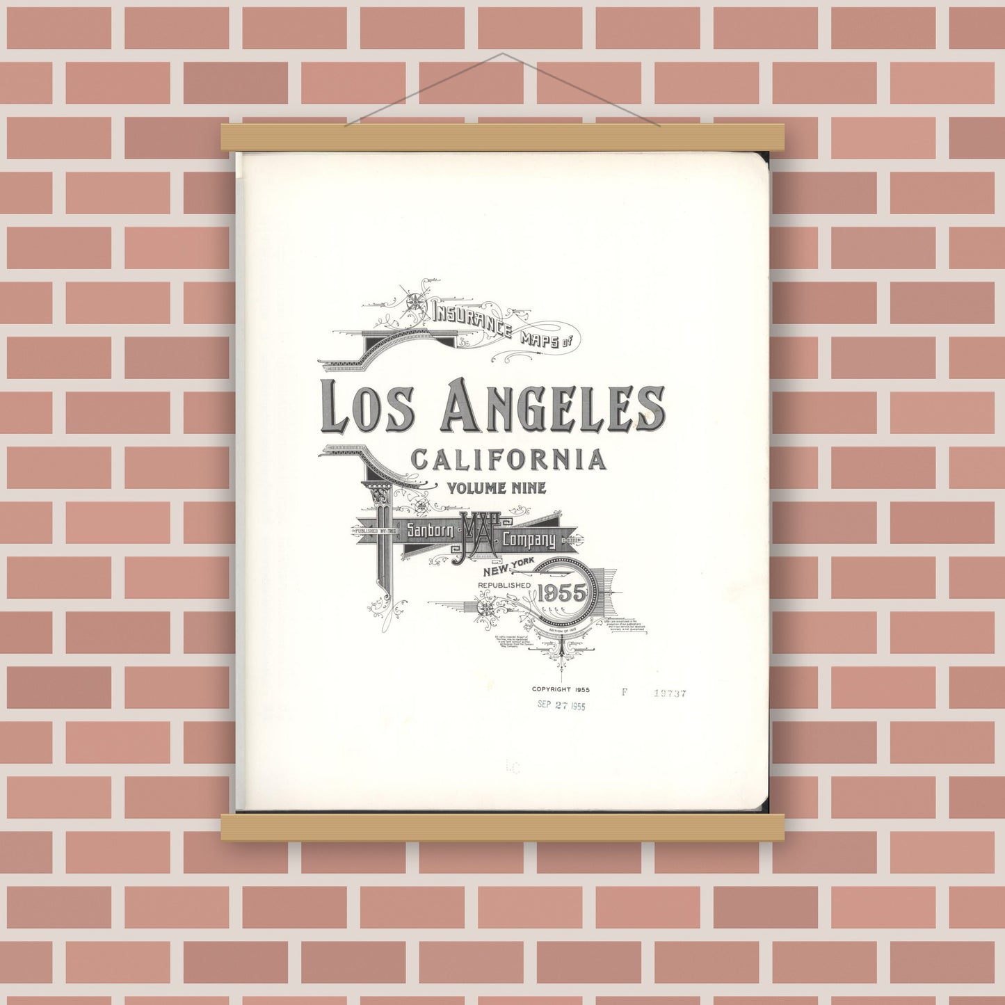 Old map wall art mockup — magnetic wood frame on brick wall — Sanborn Fire Insurance Map from Los Angeles, Los Angeles County, California (1955), Sheet #0001