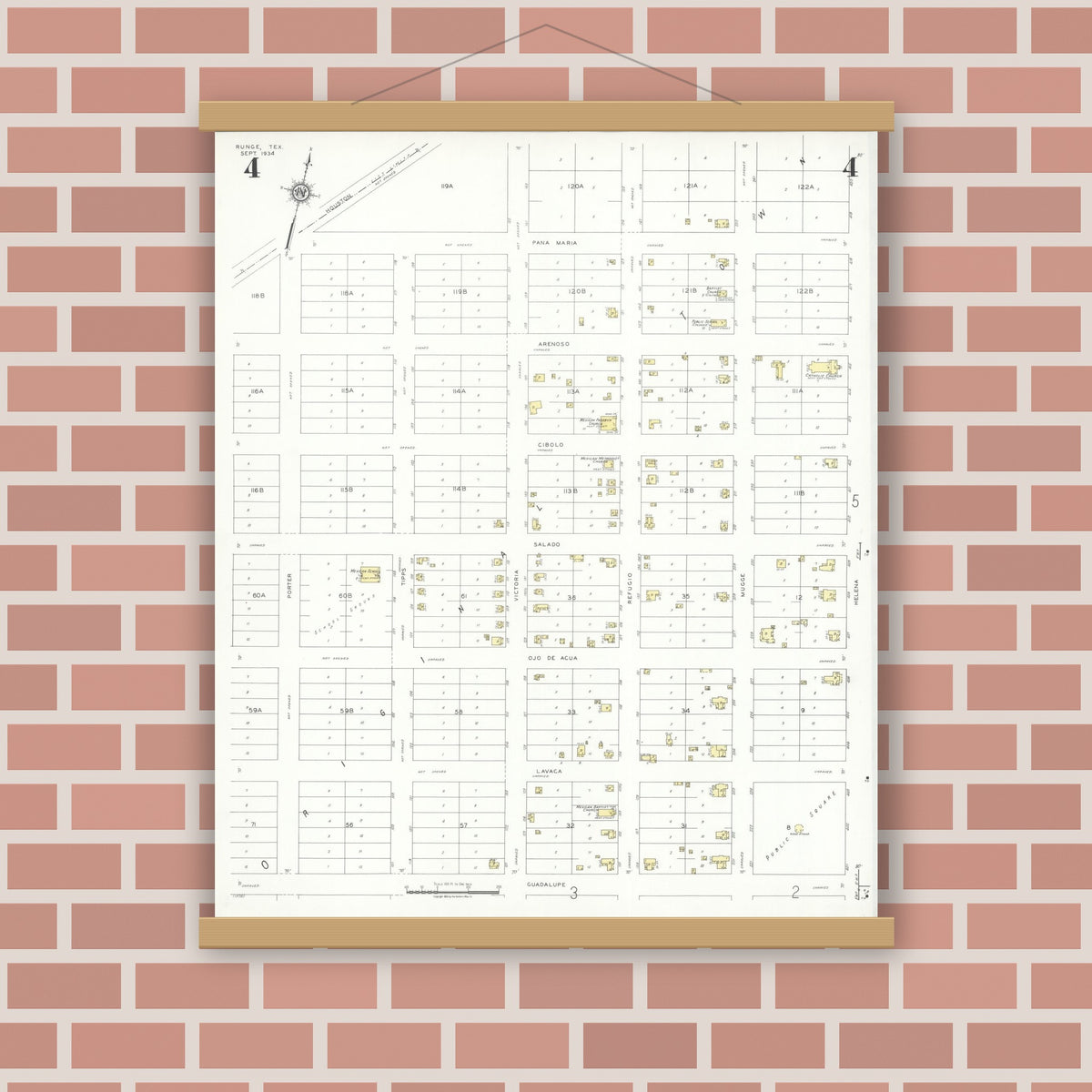 Old map wall art mockup — magnetic wood frame on brick wall — Sanborn Fire Insurance Map from Runge, Karnes County, Texas (1934), Sheet #0004