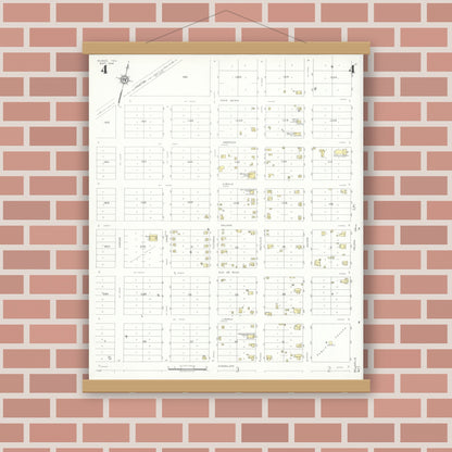 Old map wall art mockup — magnetic wood frame on brick wall — Sanborn Fire Insurance Map from Runge, Karnes County, Texas (1934), Sheet #0004